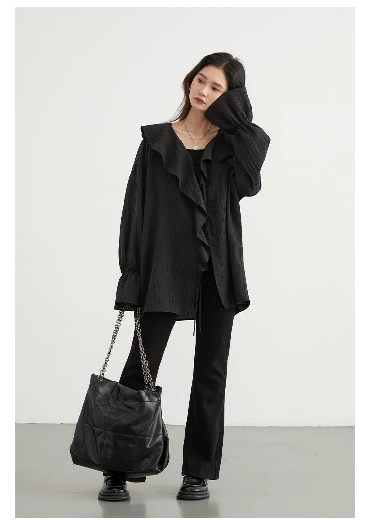 CHIC VEN Women Shirt Loose Casual Ruffled Edges Female Blouses V Neck Lace Up Mid Length Woman Shirts Spring Summer 2024 - Smarsty