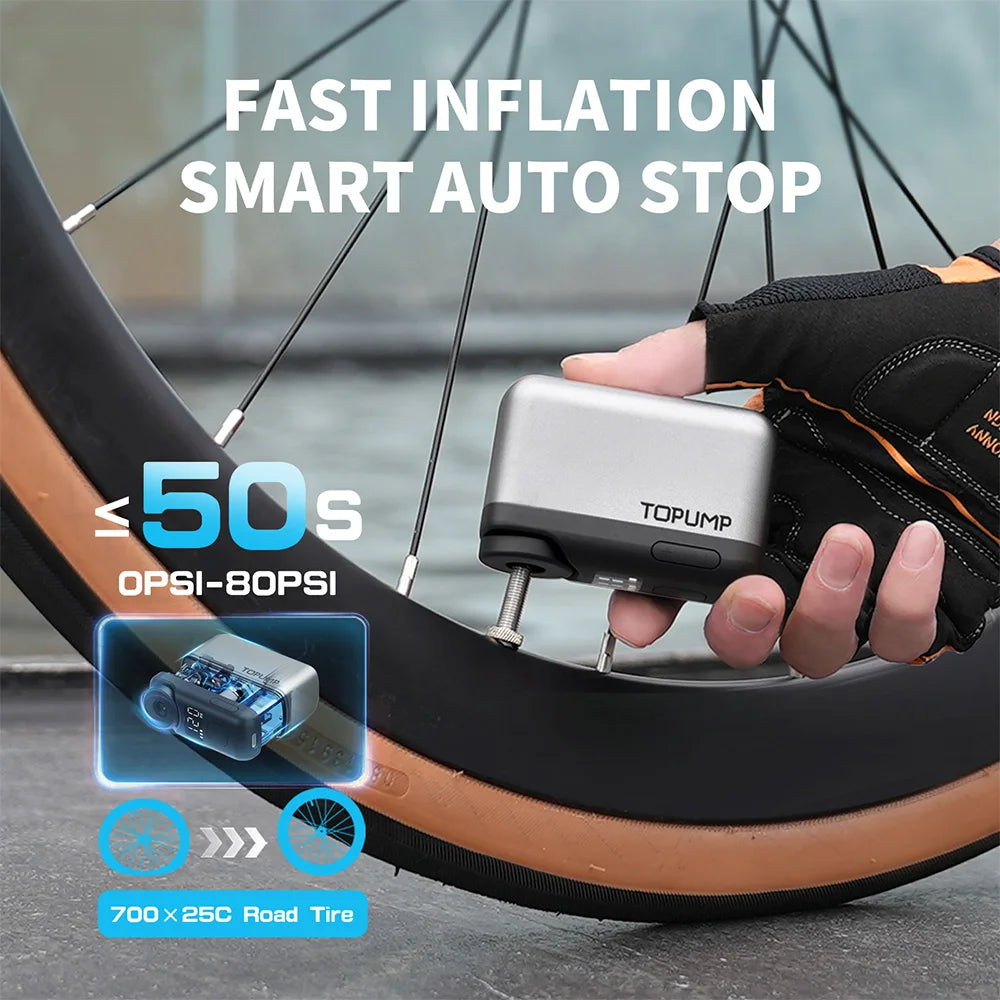 TOPUMP TB2 PRO Mini Portable Electric Pump for Bike Cordless Tire Inflator 120PSI Max 450mAh Battery with Screen Fast Charging - Smarsty