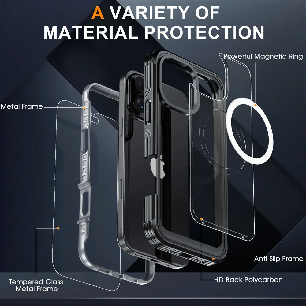 Full Body Protection Magnetic Case for iPhone 16 Pro Max 16e 15 Plus Cover Tempered Glass Magsafe Shockproof Fundas Coque Capa
