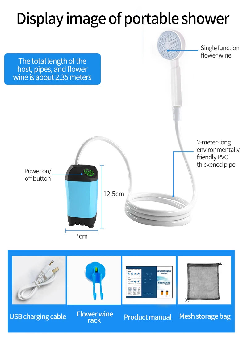 Portable Rechargeable Electric Shower Pump USB Powered Waterproof for Outdoor Camping Beach Hiking Pet Bath Car Wash
