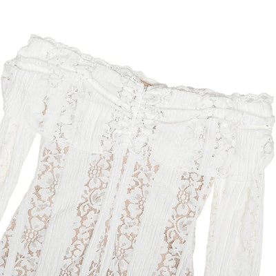Suninheart White Off The Shoulder Autumn Bodycon Dress 2025 Long Sleeve Elegant Lace Maxi Dress Wedding Guest Dress for Women - Smarsty