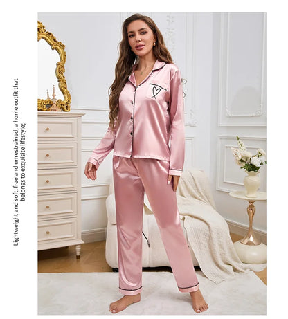 Autumn Satin Pajama for Women Heart-shaped Embroidery Sleepwear & Loungewear Long Sleeve Top & Pants Home Clothes Pyjama 2 Piece - Smarsty