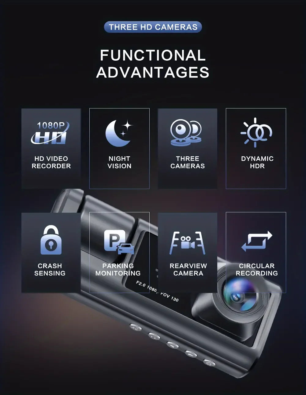 Dash Cam W/ IR Night Vision Loop Recording & 2" IPS Screen 1080P 3 Camera ， DVR recorder, video recorder, Vehicle DVR - Smarsty