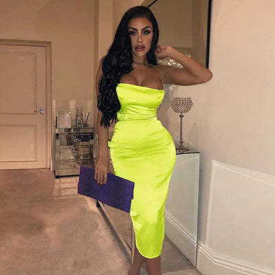 Neon Satin Lace Up Women's Long Midi Dress Light Pink Bodycon Backless Elegant Party Sexy Club Clothes 2022 Summer Dinner Outfit - Smarsty