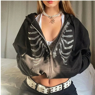 Y2K Rhinestone Skeleton Hoodies Women Gothic Black Zip Up Oversized Sweatshirts Female Retro Harajuku Hooded Jacket Streetwear - Smarsty