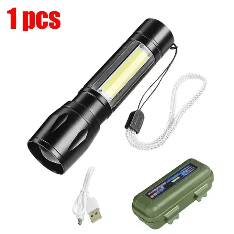 Mini LED Flashlight COB+XPE Portable Torch USB Charging Camping Lantern Zoomable Focus Light Tactical Flashlight with Pen Clip - Smarsty
