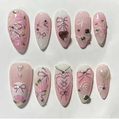 24 Piece Pink Almond Fake Nail Set With Bowknot Design - Smarsty