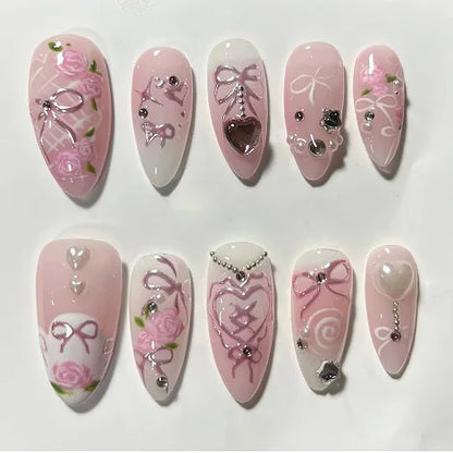 24 Piece Pink Almond Fake Nail Set With Bowknot Design - Smarsty