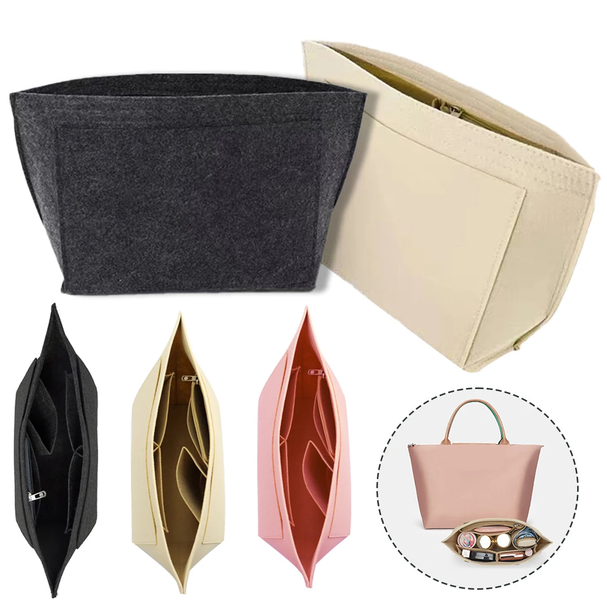 Lined Felt Cosmetic Bag Fits LongChamp Tote Storage - Smarsty
