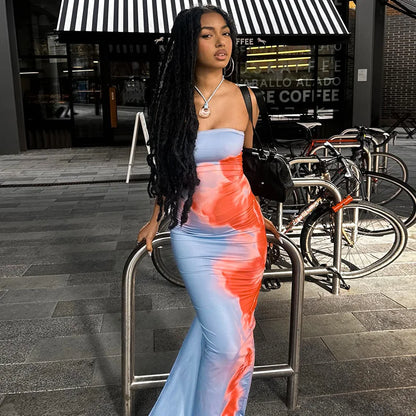 Sexy Strapless Print Tube Maxi Dress Women Off Shoulder Backless Stretch Long Sundress Summer Beach Y2K Clothes - Smarsty