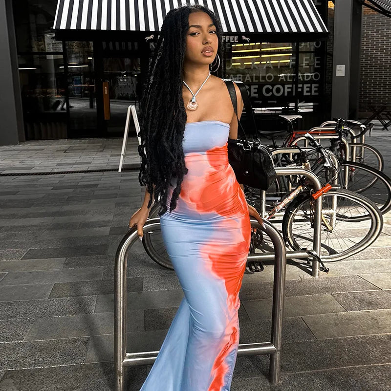 Sexy Strapless Print Tube Maxi Dress Women Off Shoulder Backless Stretch Long Sundress Summer Beach Y2K Clothes - Smarsty