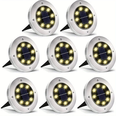 8 piece solar outdoor lights, IP65 solar disk lights, 8 LED solar ground lights, outdoor landscape lights for path, courtyard