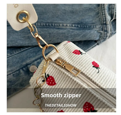Corduroy Underarm Bag For Women Strawberry Print Mini Tote - Smarsty