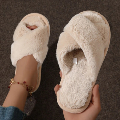 Cross Warm Fluffy Furry Slippers Women Lightweight Flat Heels Fur Slides Woman Autumn Winter Open Toe Non Slip Home Floor Shoes - Smarsty
