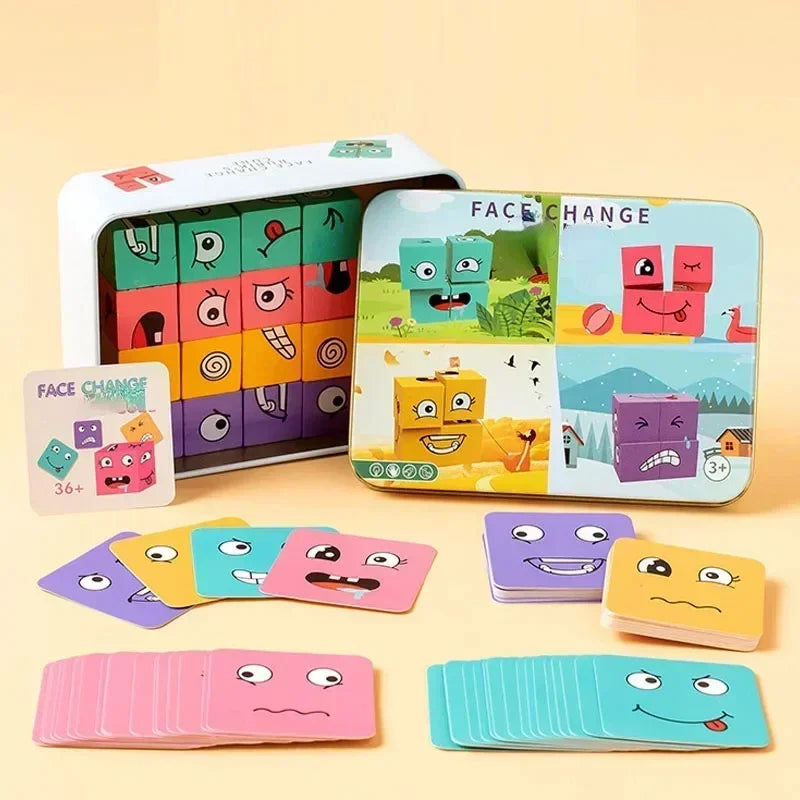 Cube Face Changing Building Blocks Board Game Wood Puzzle Montessori Expression Wooden Blocos for Children Battle Table Game by Smarsty