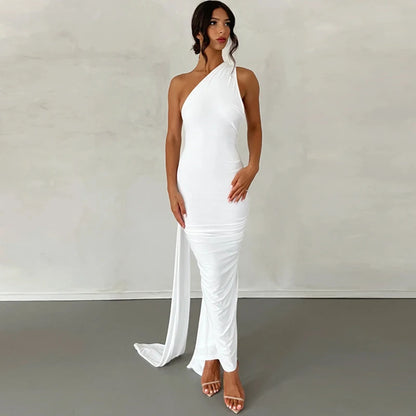 Hugcitar One Shoulder Backless Adjustable Scarf Loop Ruched Sexy Maxi Dress Women Elegant Y2K Streetwear Festival Outfit - Smarsty