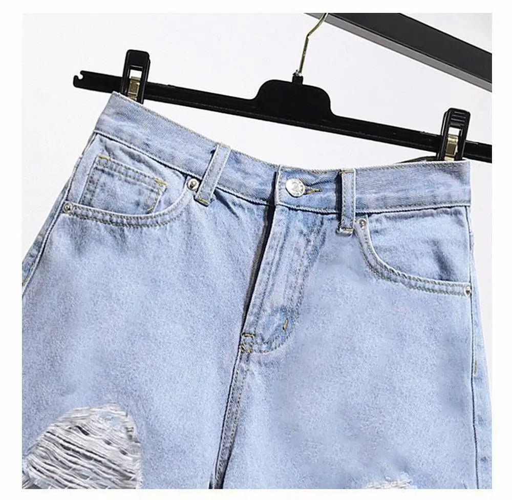 Summer Women's Cowboy Shorts Korean High Waist Casual Denim Shorts Pocket Tassel Perforated Ripped Holes Y2K Girls White Jeans - Smarsty
