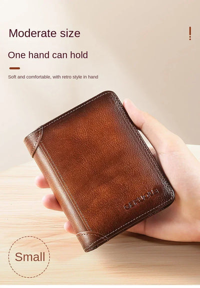 Men Wallet Genuine Leather Rfid Blocking Trifold Wallet Vintage Thin Short Multi Function ID Credit Card Holder Male Purse Money - Smarsty
