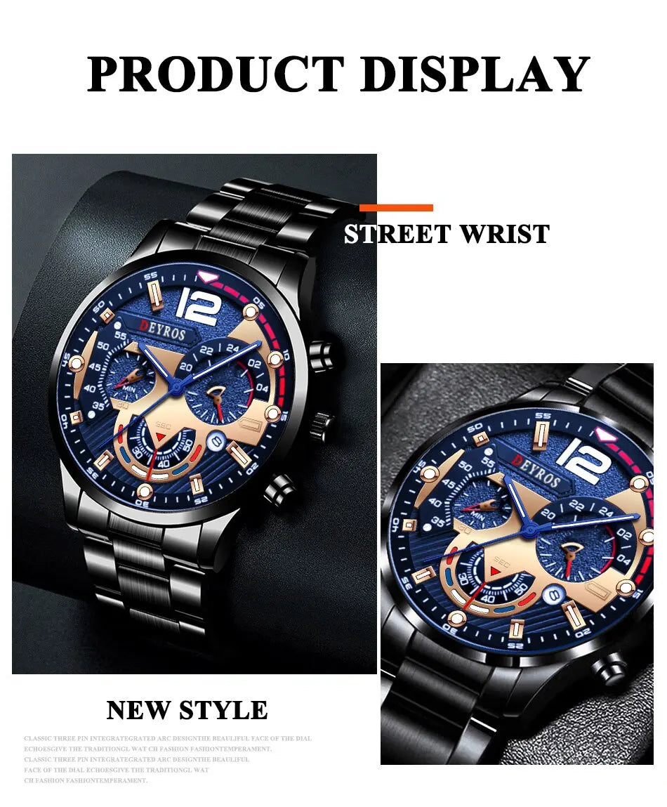 Luxury Mens Stainless Steel Quartz Watch with Calendar - Smarsty