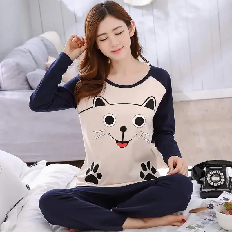 Autumn Thin 2pieces Pyjamas Set Women 2025 Round Neck Girls Bear Pajamas Sets Teacup Cat Full Sleepwear Tops lovers Pajama Mujer - Smarsty