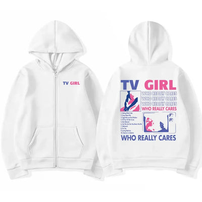 Men Women TV Girl Who Really Cares Graphic Print Zipper Hoodie Fashion Casual Oversized Jacket Fleece Long Sleeve Sweatshirts - Smarsty