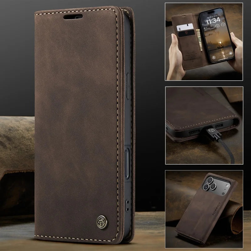 iPhone 11 12 13 Mini Xs 8 Plus SE2020 Retro PU Leather Magnetic Book Phone Wallet Flip Case by Smarsty