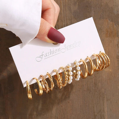 Gold Color Vintage Geometric Pearl Earrings Set For Women - Smarsty