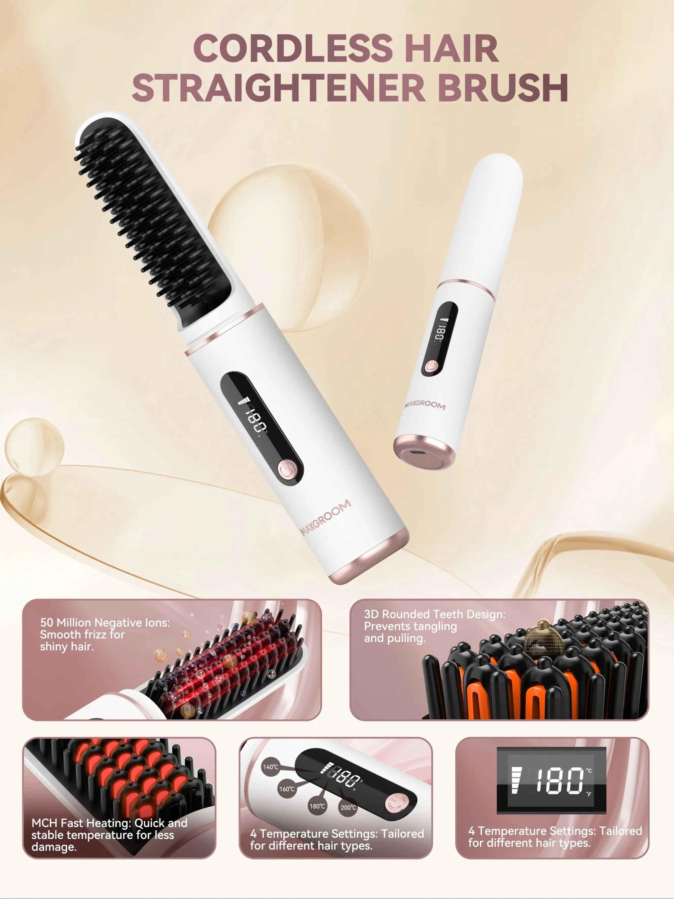 MAXGROOM Cordless Ionic Hair Straightener Brush Fast Heating - Smarsty