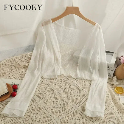 2025 Fairy Style Solid Cardigan Women Summer New Long Sleeve Sunscreen Sweet Beading V-neck Basics Loose Chiffon Cardigan - Smarsty