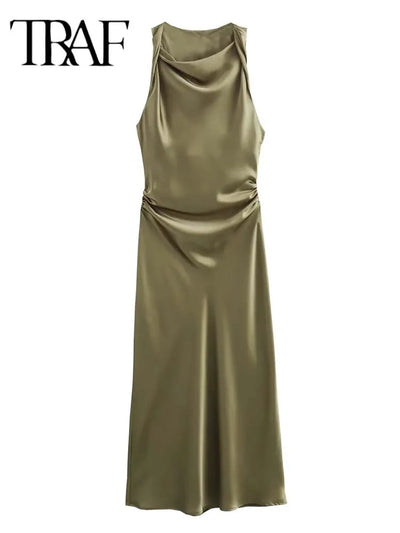 TRAF Satin Long Dresses for Women 2024 Summer Slip Midi Dress Woman Sexy Evening Party Dress Sleeveless Female Elegant Dresses - Smarsty