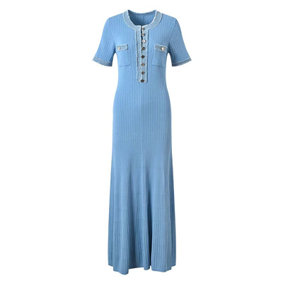 Elegant Contrasting Women Knit Maxi Dress Chic O-neck Short Sleeve Metal Buttons Bodycon Dresses Office Lady Commuting Robe - Smarsty