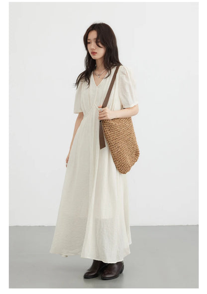 CHIC VEN Women Dresses French Style Vintage V-neck Puff Sleeve Long Dress Solid Black Loose Female Clothing Summer New 2023 - Smarsty