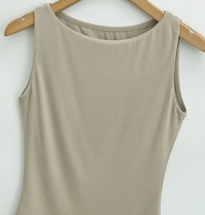 Women Double Layer Boat Neck Soft Slinky Tank Top - Smarsty