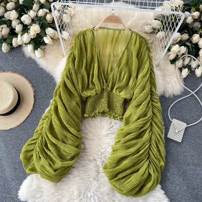Women Sexy Chiffon Short Blouse Female See Through Super Long Sleeve Blusas Purple/Green/Black/White Folds Party Tops 2022 New - Smarsty