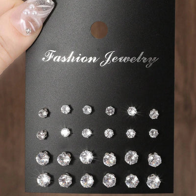 12 Pairs Zirconia Stud Earrings Gift Set Luxurious Shiny - Smarsty