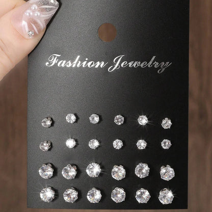 12 Pairs Zirconia Stud Earrings Gift Set Luxurious Shiny - Smarsty