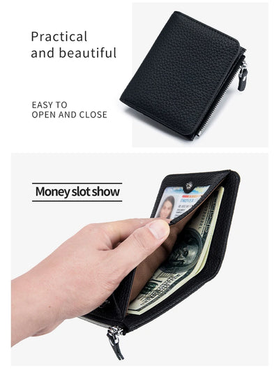 Genuine Leather Men Women Cute Short Wallet Luxury Solid Zipper Coin Purse rfid Bank Credit Card Holder Slim Small Money Bag - Smarsty