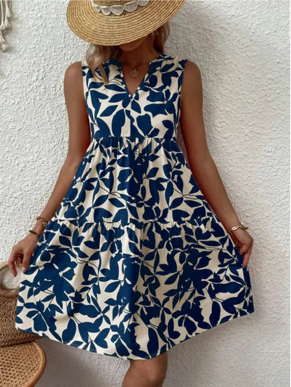 Women Boho Print Mini Dress Summer Elegant Sleeveless V Neck Ruffle A Line Tank Dress Casual Loose Oversize Beach Party Sundress - Smarsty