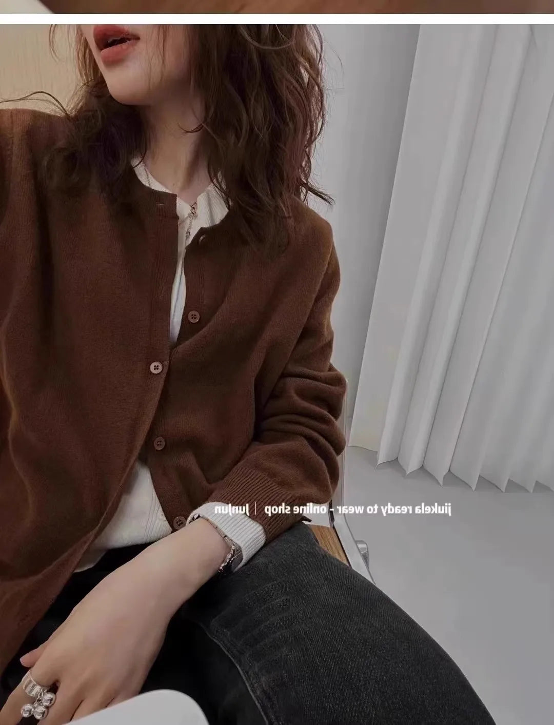 Fake two 100% pure cashmere sweater cardigan dark grey high-grade wool knit coat top - Smarsty