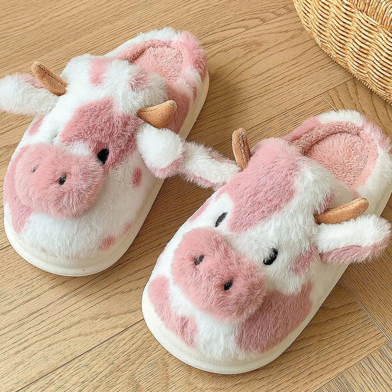 Casual Fluffy Slippers Women House Cute Cartoon Cow Designer Shoes Girl Flat Fashion Elegant Plush Winter Platform Footwear Home - Smarsty