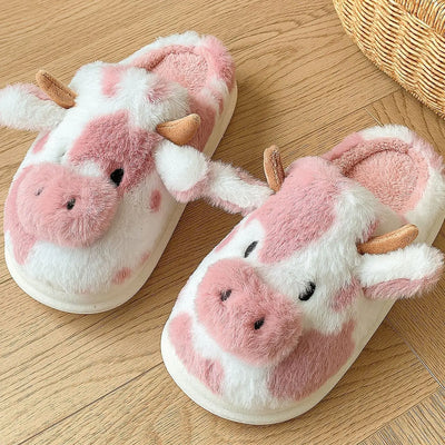 Casual Fluffy Slippers Women House Cute Cartoon Cow Designer Shoes Girl Flat Fashion Elegant Plush Winter Platform Footwear Home - Smarsty