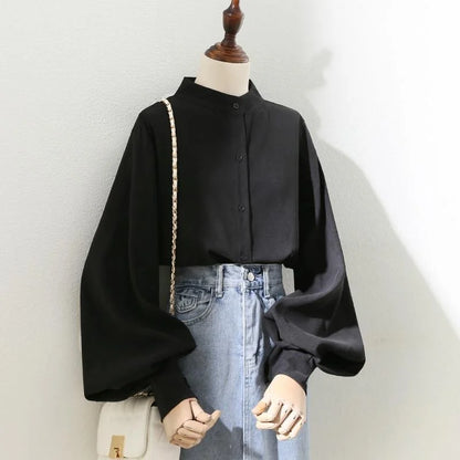 Woman Spring Autumn Style Blouses Shirt Lady Long Lantern Sleeve Stand Collar Loose Blusas Tops DF4847 - Smarsty