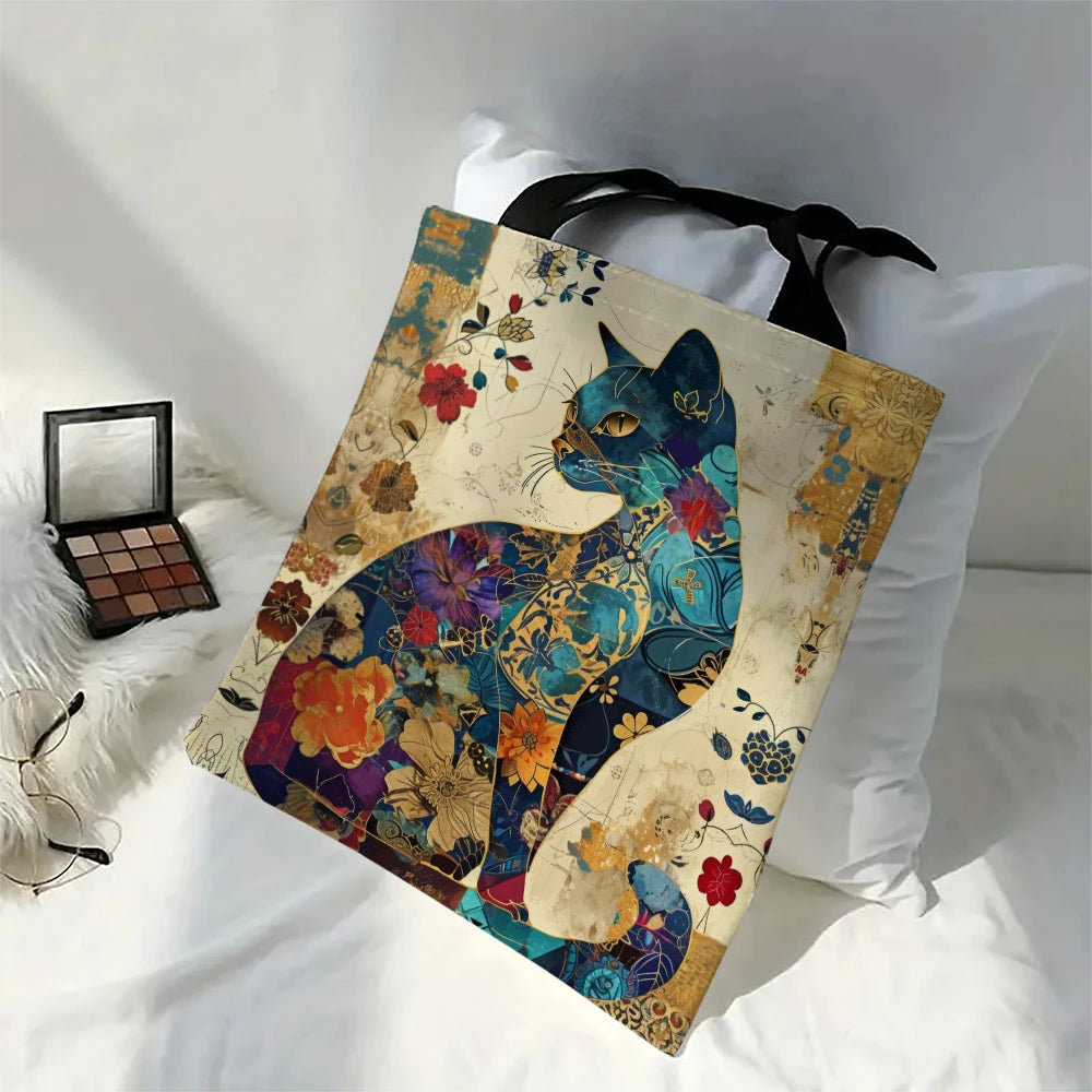 Floral Cat Pattern Tote Bag Canvas Lightweight Shoulder Bag - Smarsty