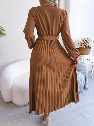 Women Elegant V Neck Long Sleeve Pleated Maxi Dress - Smarsty