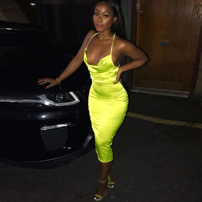 Neon Satin Lace Up Women's Long Midi Dress Light Pink Bodycon Backless Elegant Party Sexy Club Clothes 2022 Summer Dinner Outfit - Smarsty