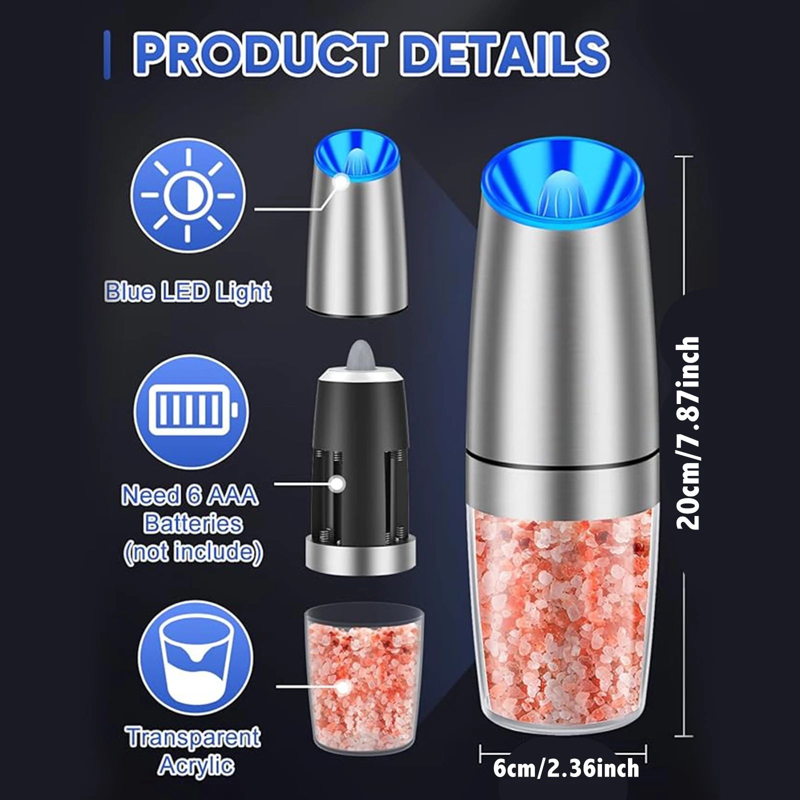 1pc/2pcs, Gravity Electric Salt And Pepper Grinder - Salt & Pepper Mill Sets With LED Light, One Hand Automatic Operation, Adjus - Smarsty