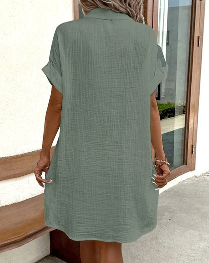 Vintage Women Solid Mini Dress Summer Fashion V-neck Three Quater Sleeve Cotton Linen Dress Ladies Casual Holiday Vestidos - Smarsty