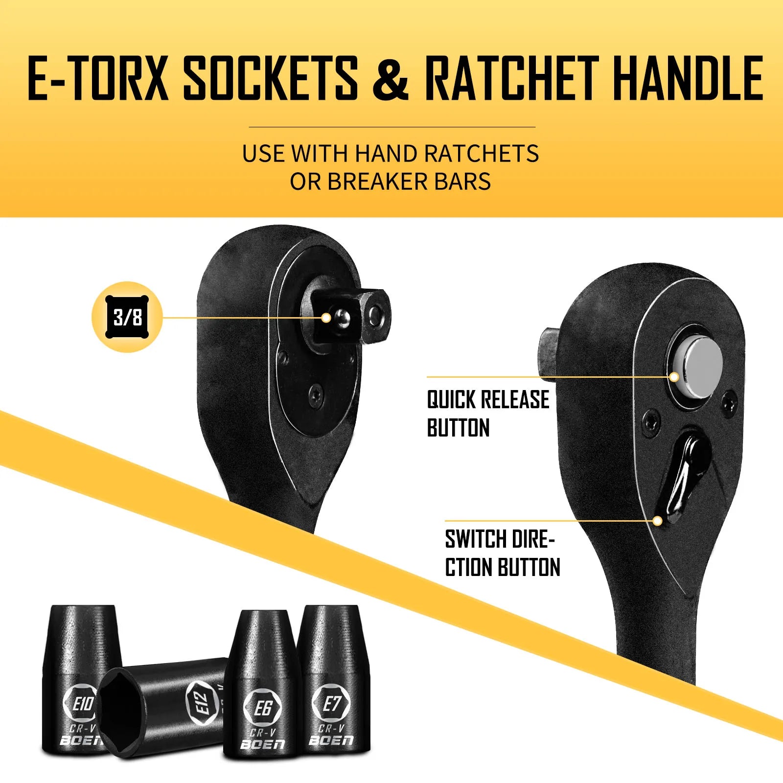 BOEN 3/8" Drive Impact Socket Set, 59-Piece Standard SAE (5/16 to 3/4 inch) and Metric (6-22mm), Include 9-Piece E-Torx Socket