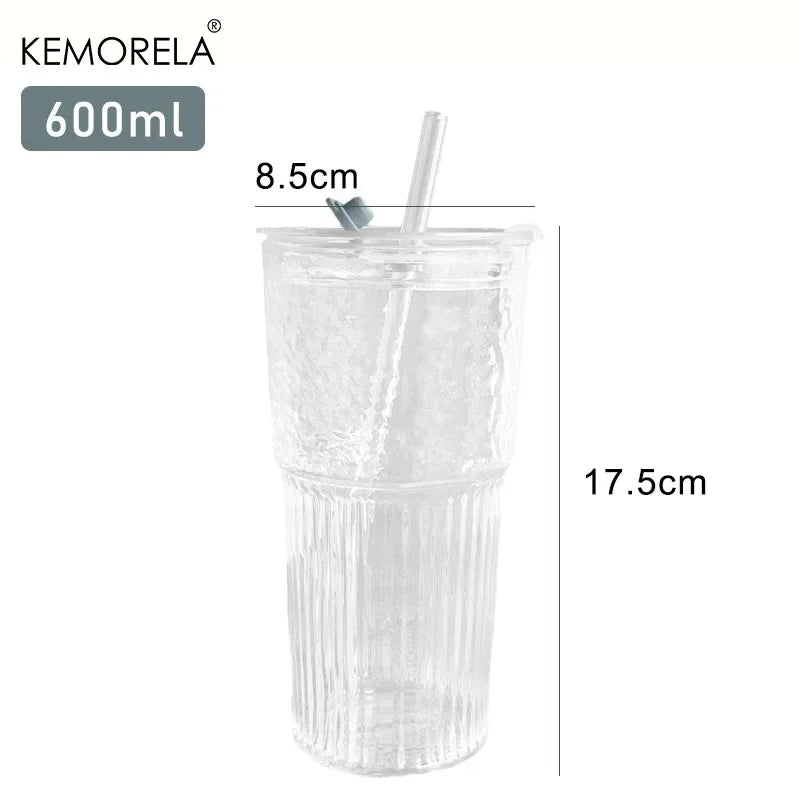 600ML Eco-Friendly Stripe Glass Cup with Lid and Straw - Smarsty