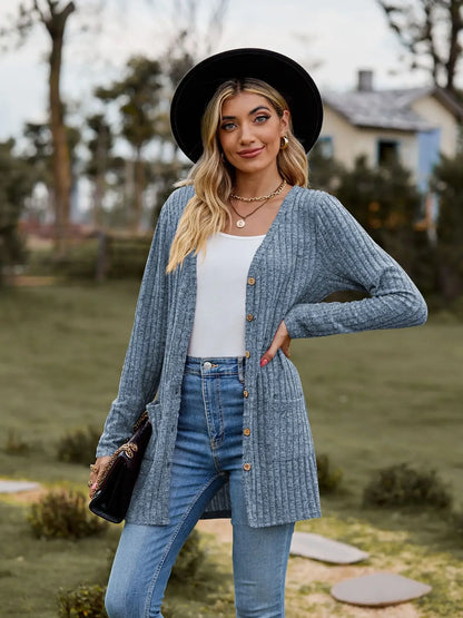 Autumn New Women's Milled Pit Stripe V-Neck Solid Colour Button Long Sleeve Ladies Casual Extensions Cardigan Jacket Coat - Smarsty